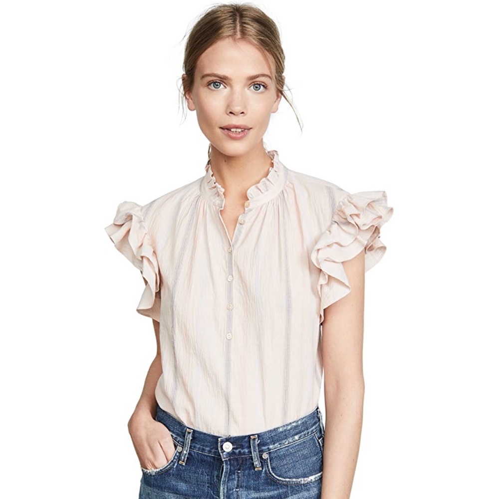 NWT Rebecca Taylor Striped Ruffle Sleeve Top